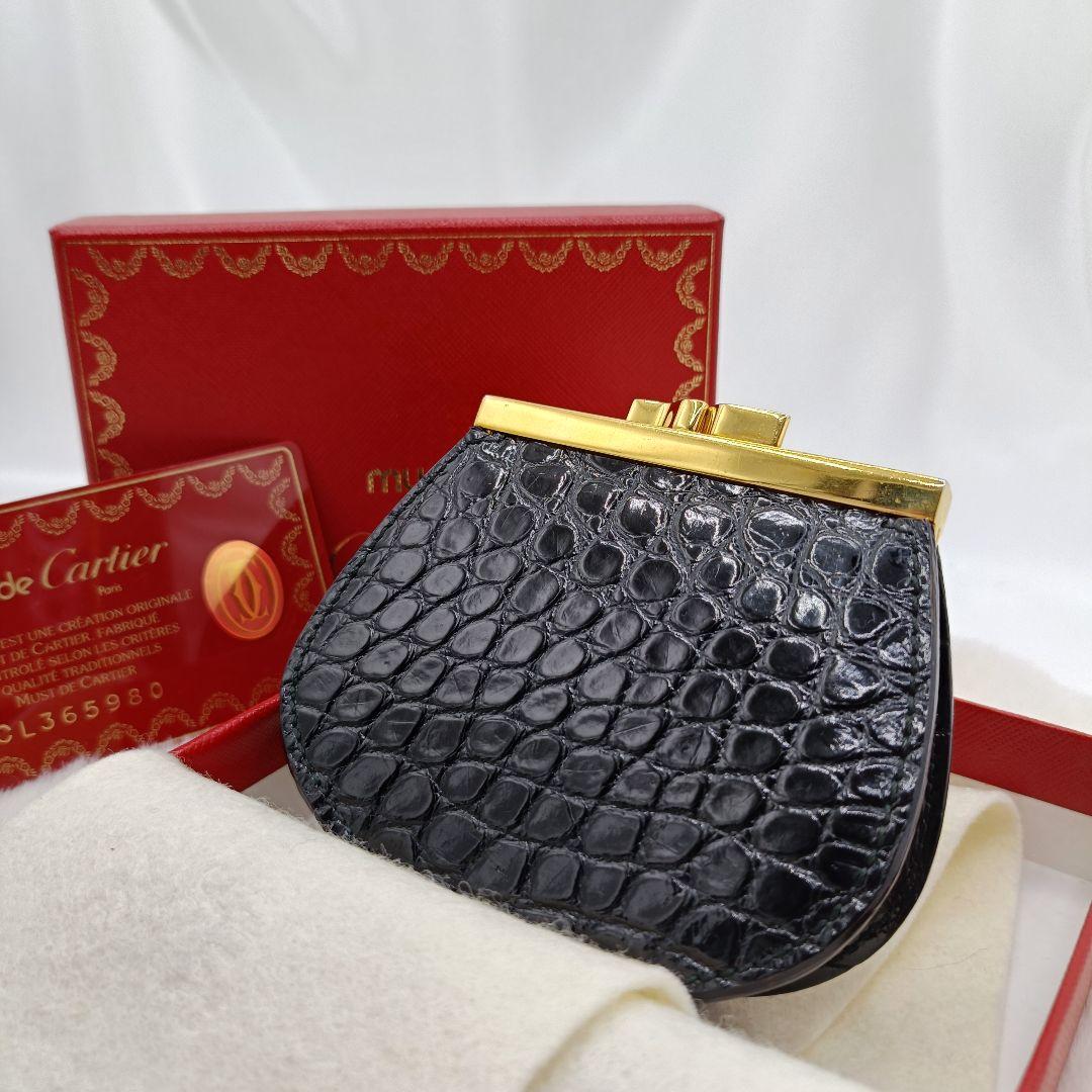 美品 カルティエ クロコ型押し がま口 ケース ブラック