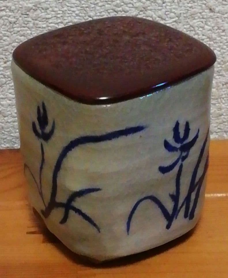 横山朝陽作　呉須絵　四方　茶入　共箱　茶道具