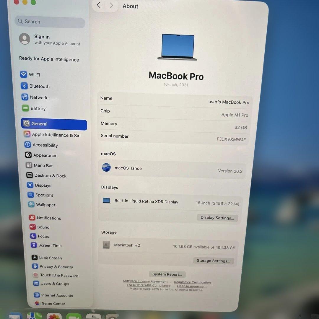 極美MacBookPro 16インチ M1 32/500GB 16コア充放電3回