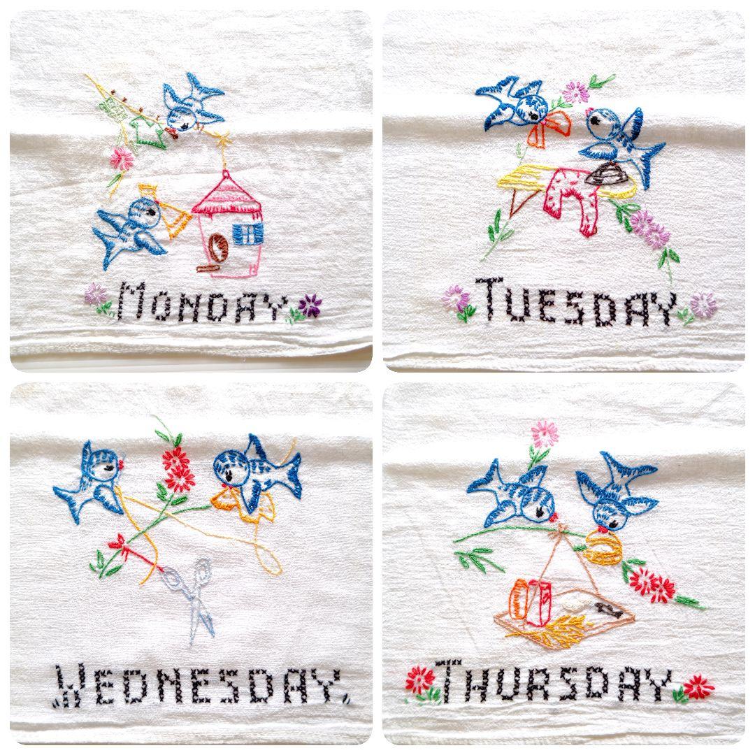 ビンテージ ウィークリークロス ブルーバード リネン 刺繍