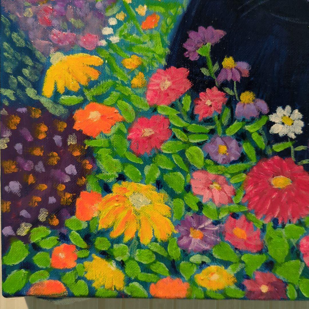 キャンバス油絵　専用   黒猫ガーデン　クリムト風フラワーガーデン