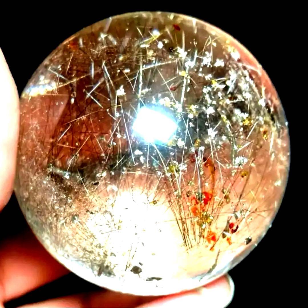 46mm ゴールドルチルクォーツ　丸玉　スフィア　金針水晶