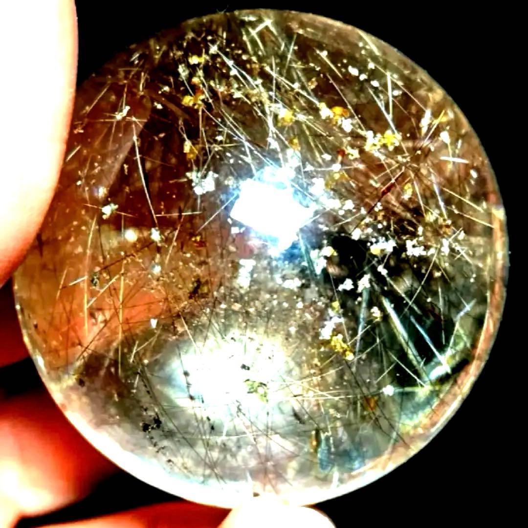 46mm ゴールドルチルクォーツ　丸玉　スフィア　金針水晶