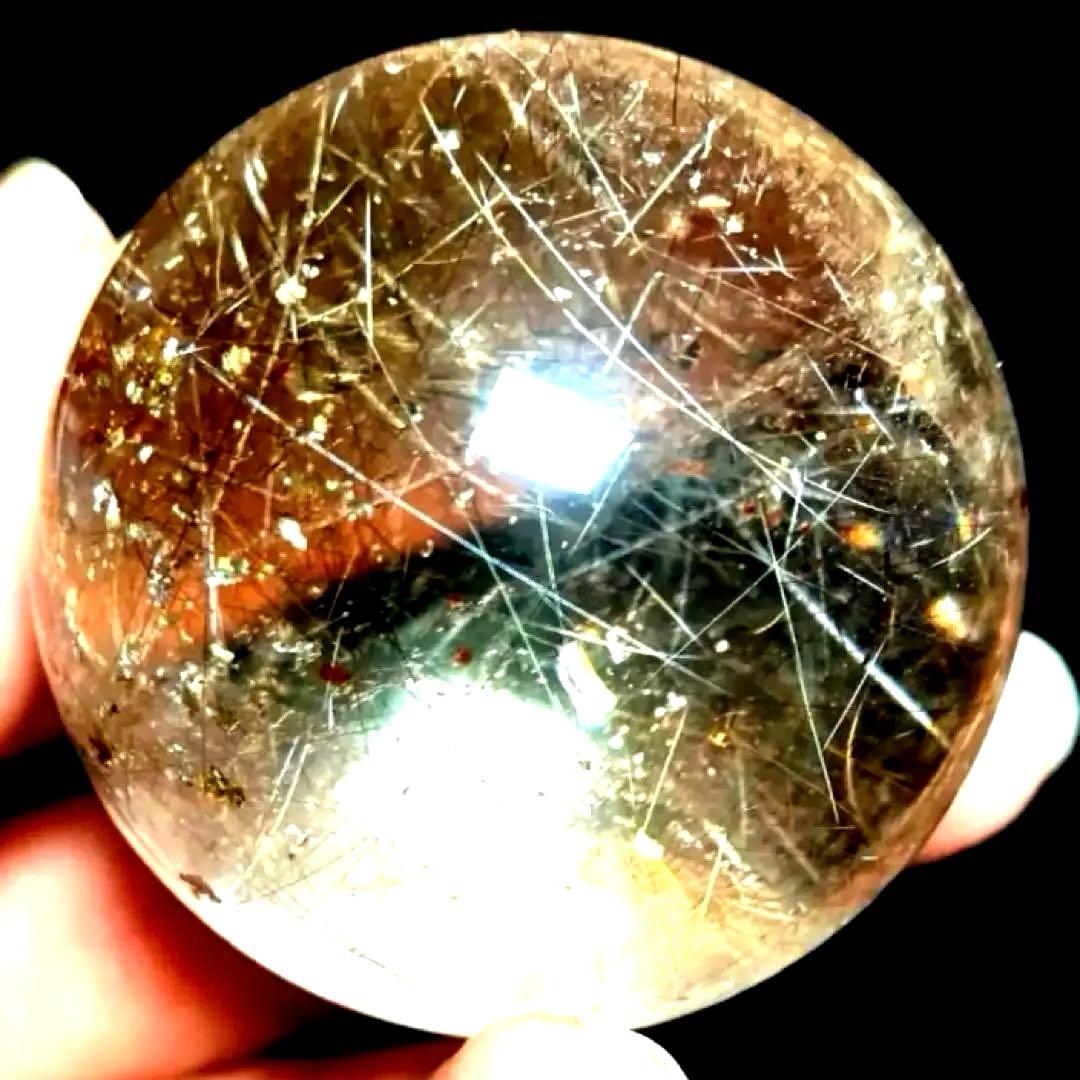 46mm ゴールドルチルクォーツ　丸玉　スフィア　金針水晶