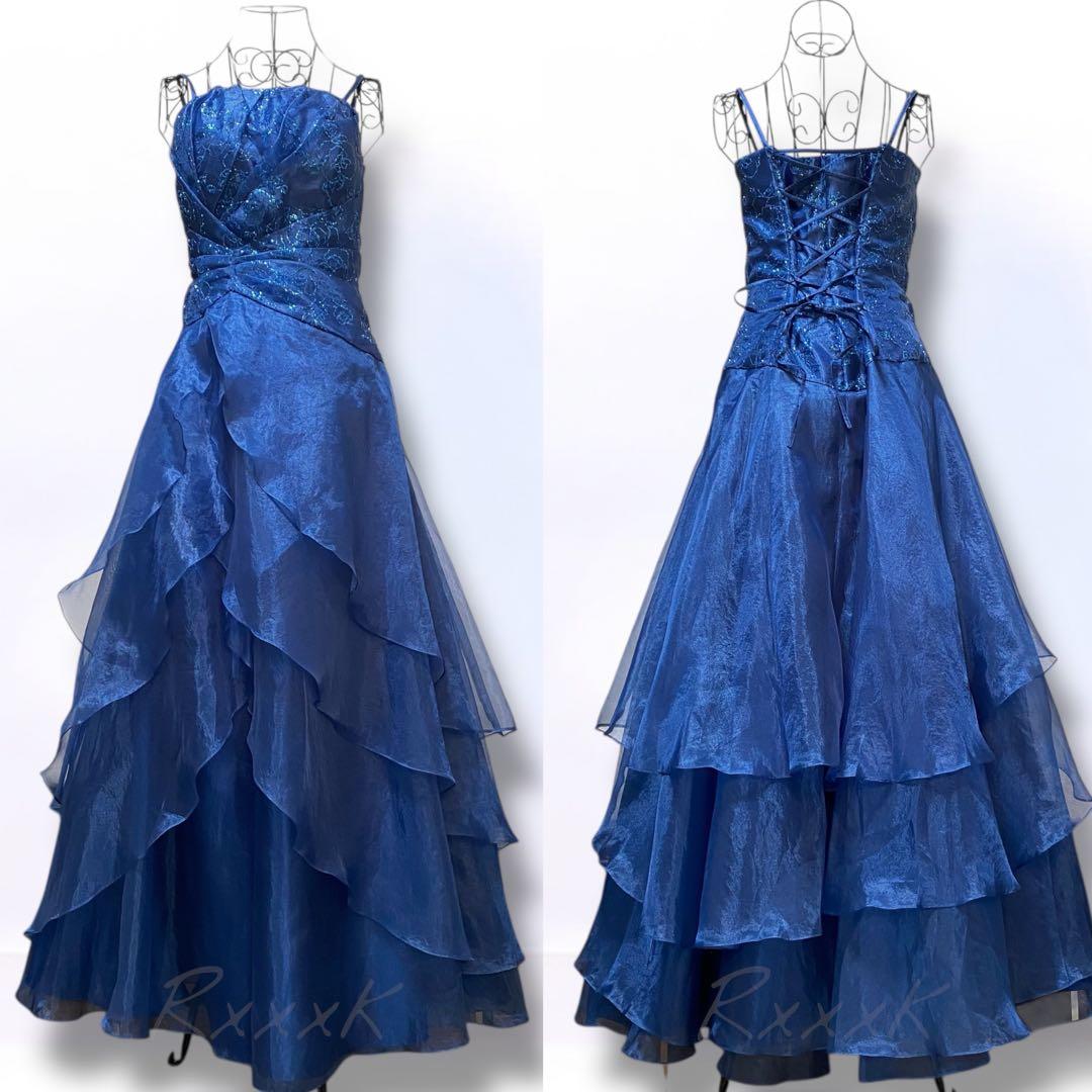 ジュネビビアン 高級 ロングドレス 演奏会 ローズグリッター 青 ダークブルー