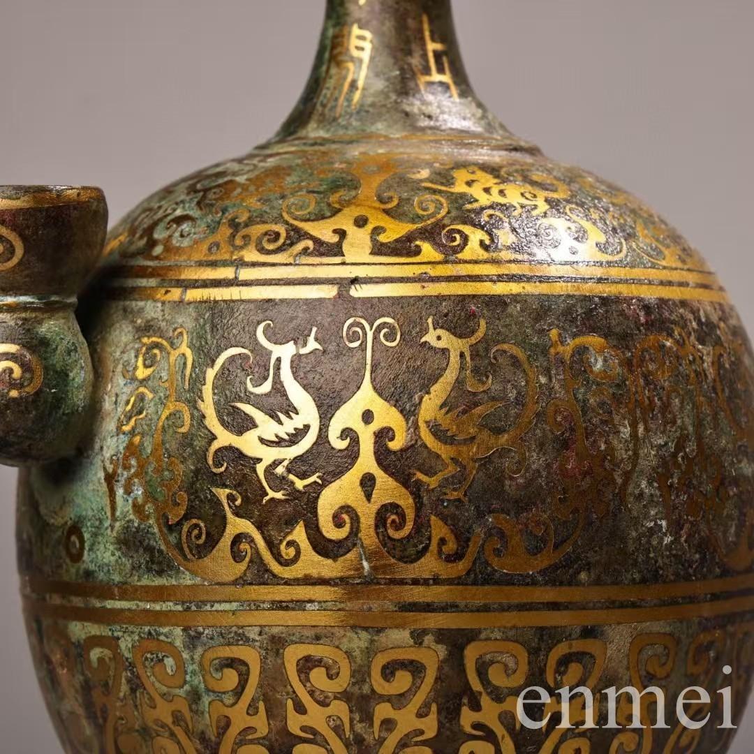 中国古美術・旧蔵搓金装飾と銘文入りの青銅製酒壺と油灯・青銅・純手作り・置物・酒壺