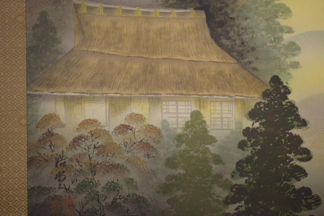 真作/桜井浩堂/古里の秋/山水柿に小禽図/桐共箱付/布袋屋掛軸HI-812