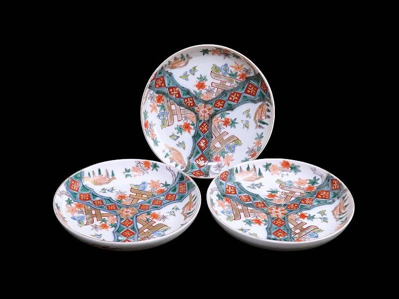古伊万里　金襴手　紅葉に鳥居　花鳥紋の図　５寸皿　３枚　E549AS-COc