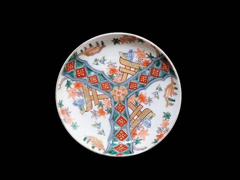 古伊万里　金襴手　紅葉に鳥居　花鳥紋の図　５寸皿　３枚　E549AS-COc