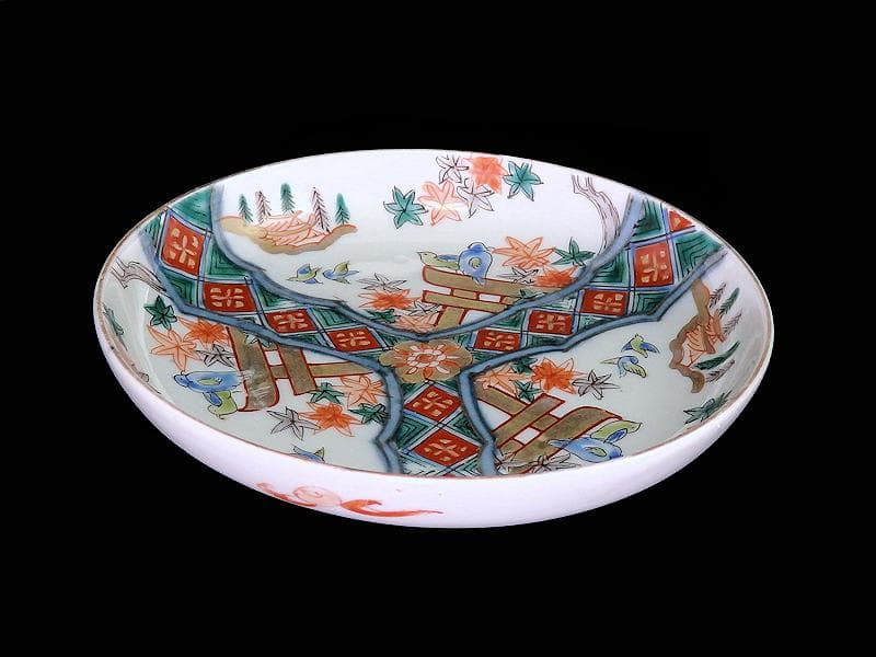 古伊万里　金襴手　紅葉に鳥居　花鳥紋の図　５寸皿　３枚　E549AS-COc