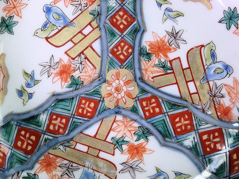 古伊万里　金襴手　紅葉に鳥居　花鳥紋の図　５寸皿　３枚　E549AS-COc