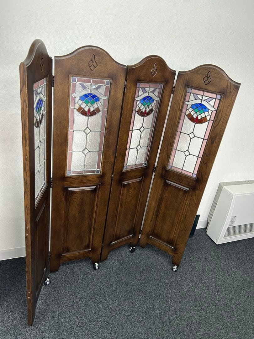【引き取り限定】ステンドグラス 4連パーテーション アンティーク調 美品