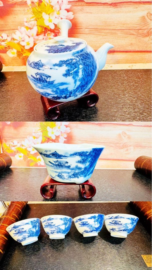 平安春峰 山水 赤壁賦 名工 茶碗 急須 茶道具 骨董品 染付