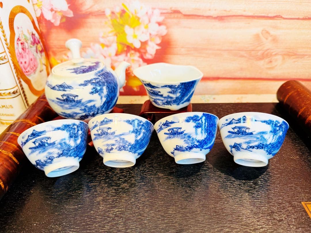 平安春峰 山水 赤壁賦 名工 茶碗 急須 茶道具 骨董品 染付