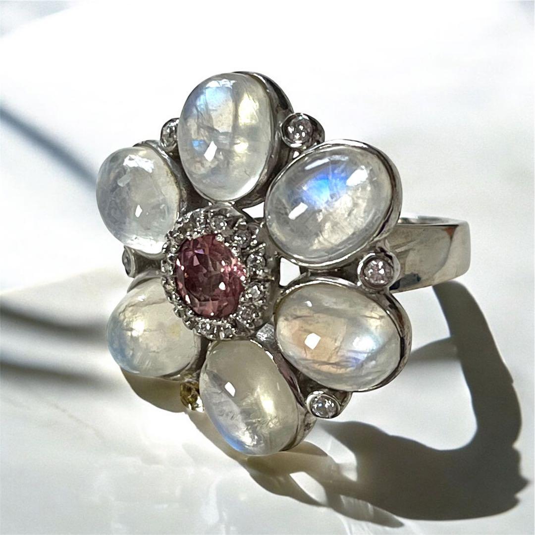 ブルームーンストーン&ピンクトルマリン&CZ 花型 リング 925刻印