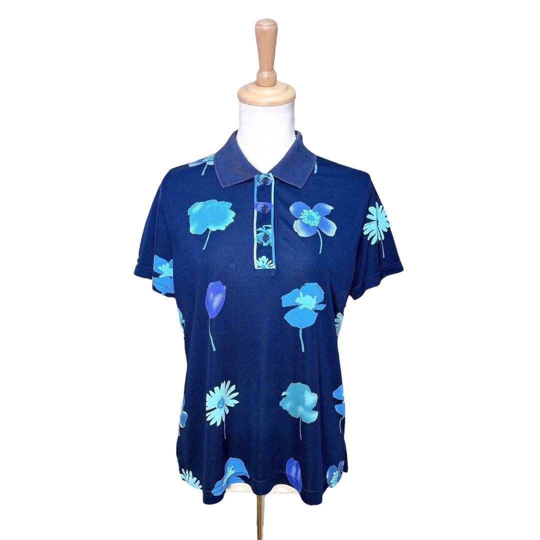 レオナール（XL）ポロシャツ/半袖/スポーツウェア /花柄/ゴルフ/トップス/紺