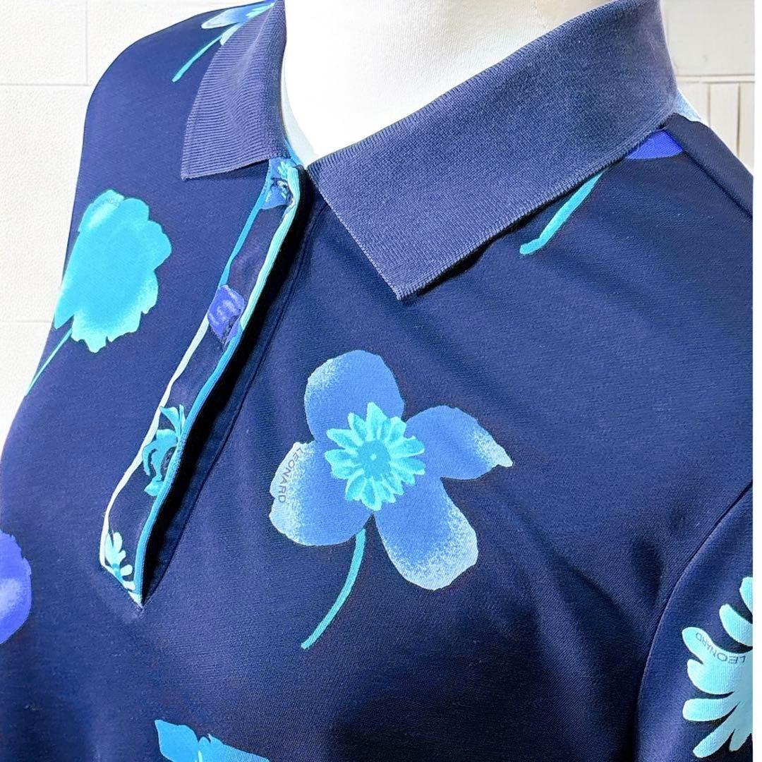 レオナール（XL）ポロシャツ/半袖/スポーツウェア /花柄/ゴルフ/トップス/紺