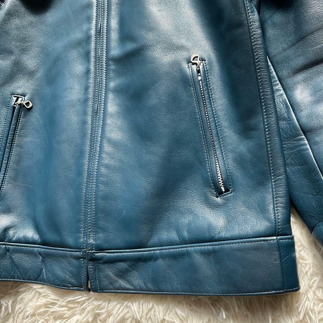 未使用級✨ワコマリア　レザージャケット　シングルライダース　ブルー　水玉柄　M