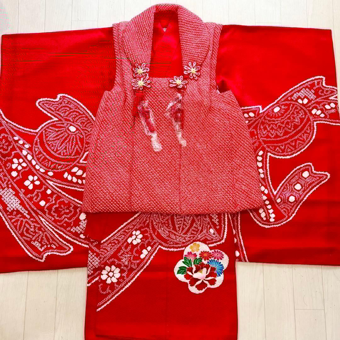 ★みみ★ 七五三　正絹　3歳　絞り　総絞り　被布　一つ身　フルセット　毱