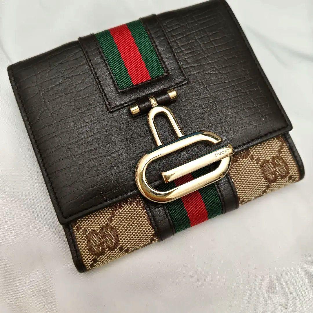 美品　GUCCI グッチ 三つ折り財布 GGキャンバス シェリーライン