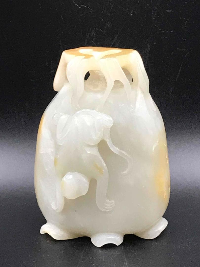 清雍正時代　和田玉 猿と神丹炉和田玉彫り　白玉　古玉石　珍品(F-12)