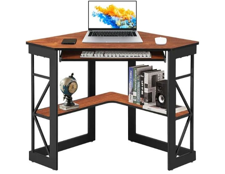 コンパクトデザインの頑丈な三角デスク - ラックとキーボードトレイ付き、A4対応