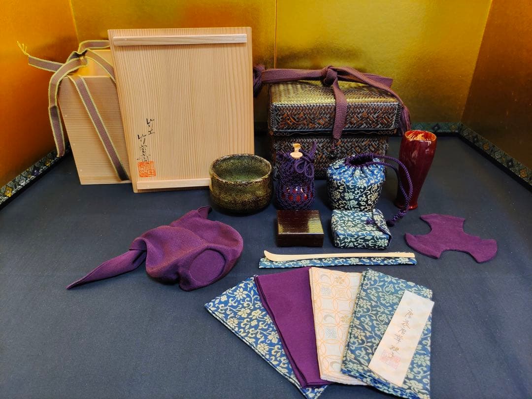 島田竹宝斎　竹工芸作家　竹編御所籠一式揃　茶箱　高級茶籠　茶道具　点前道具　共箱