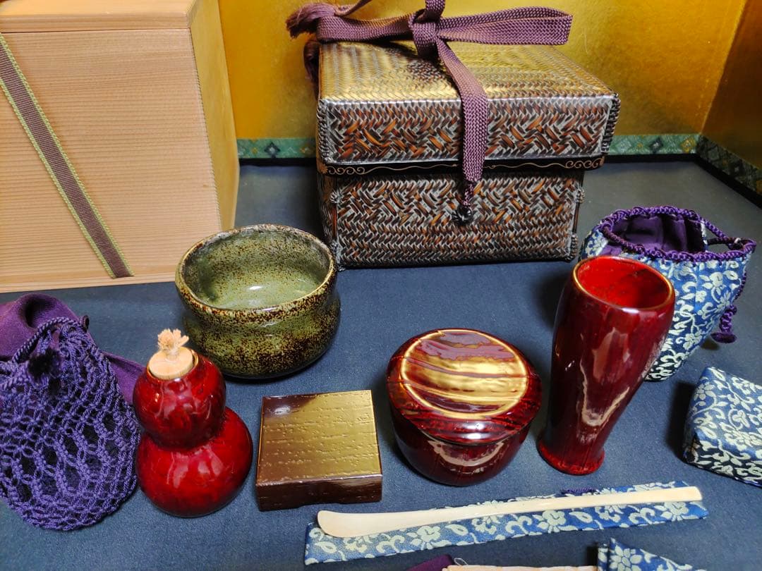 島田竹宝斎　竹工芸作家　竹編御所籠一式揃　茶箱　高級茶籠　茶道具　点前道具　共箱