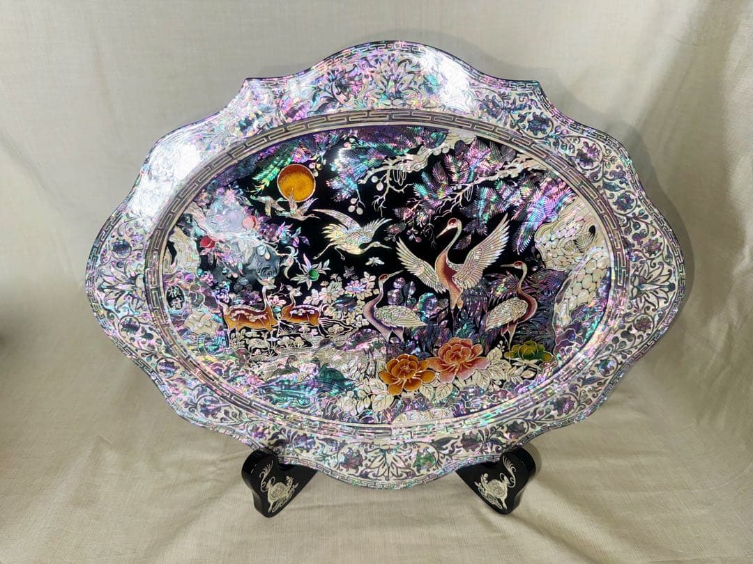 韓国製 螺鈿細工 飾り皿 桹材 金榮萬作 置物 シェル 工芸品 貝細工 トレー