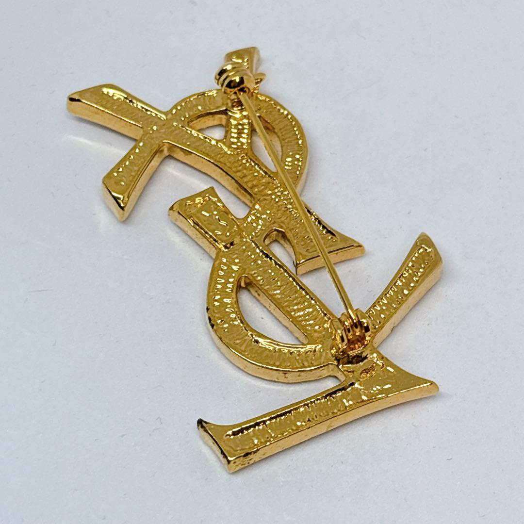 YSL イヴサンローラン ゴールド ラインストーン ロゴ ブローチ
