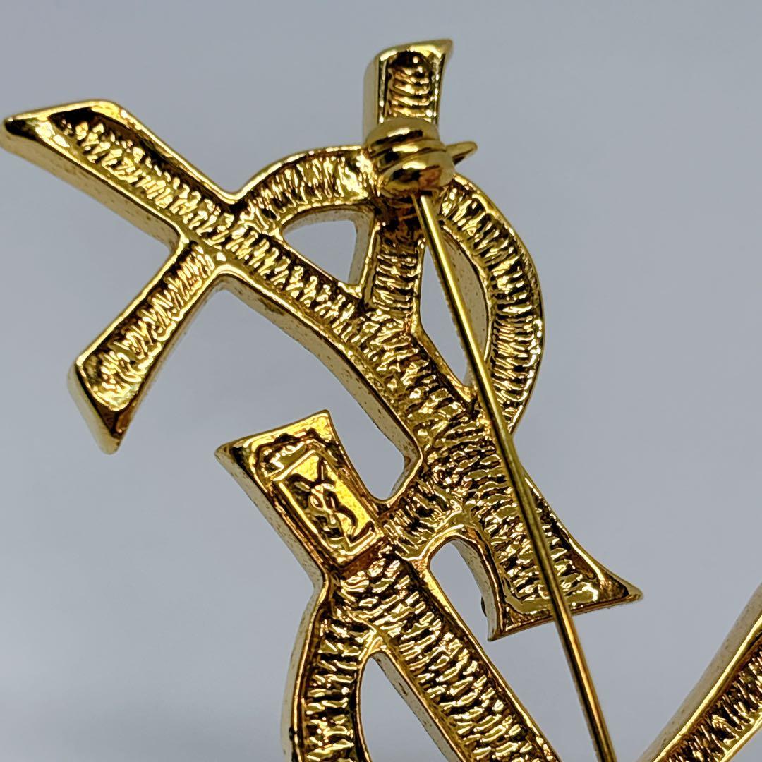 YSL イヴサンローラン ゴールド ラインストーン ロゴ ブローチ
