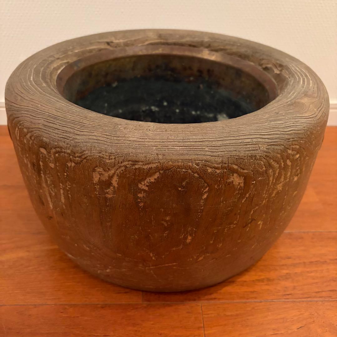 【戦前・稀少】京美尚社扱い 桐製 丸火鉢（銅落とし・五徳・木箱付）骨董品