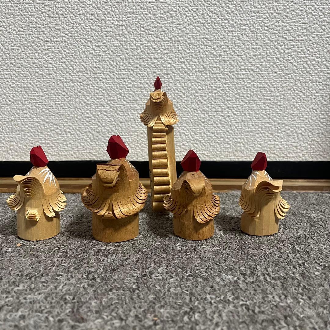 郷土玩具　笹野一刀彫　お鷹ぽっぽ　尾長鶏ポッポ 鷹の彫刻鶏の彫刻　９点セット