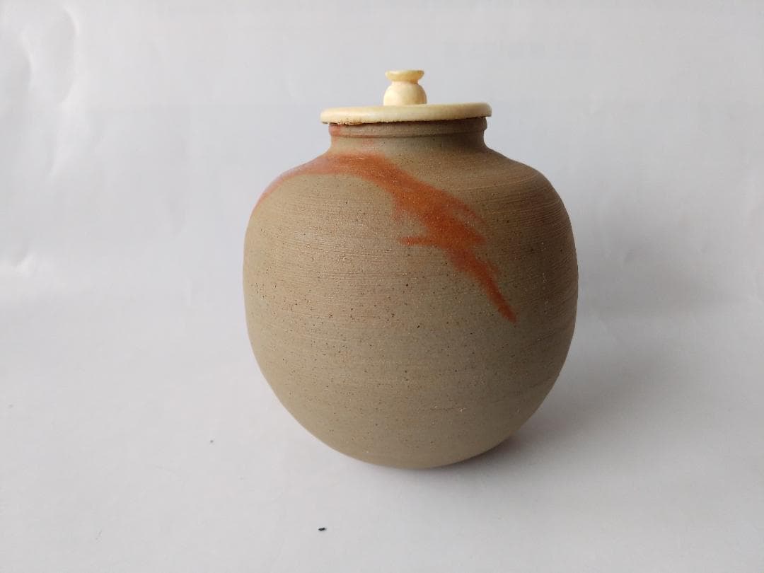 備前火襷焼 文琳茶入 木村陶峰 作 仕覆 波上梅花紋 茶道具 共箱 茶入 美品