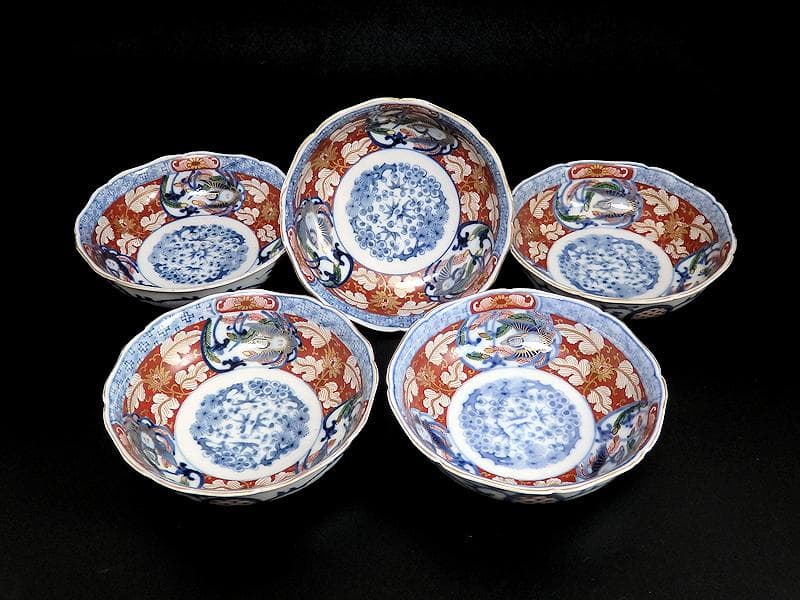 大聖寺伊万里　金襴手　花に福良雀の図　膾皿　５客　B267AS-BGl