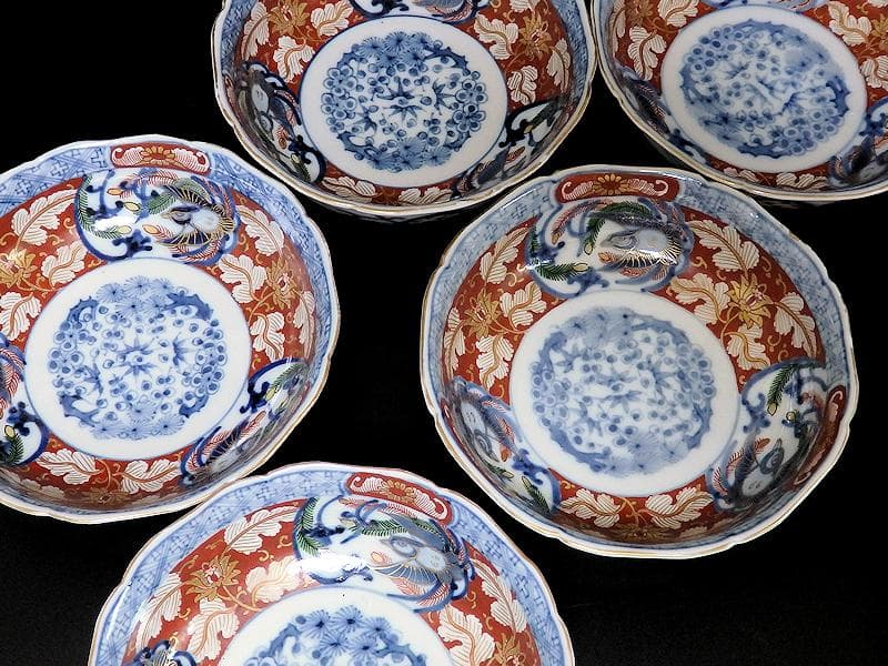 大聖寺伊万里　金襴手　花に福良雀の図　膾皿　５客　B267AS-BGl