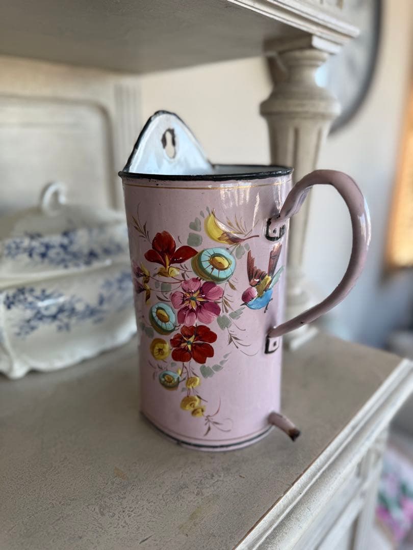 フランスアンティーク激レアピンクの小鳥とお花のハンドペイントホーローイリゲーター