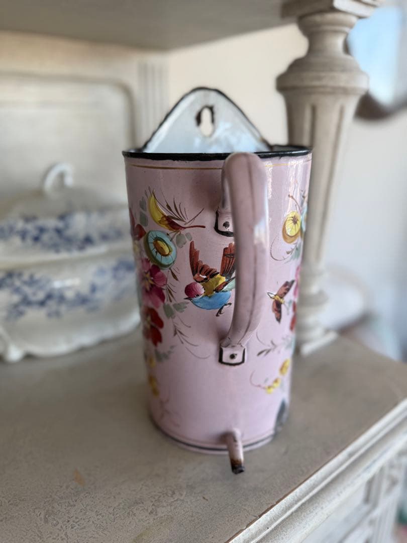 フランスアンティーク激レアピンクの小鳥とお花のハンドペイントホーローイリゲーター