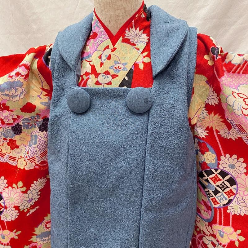 508ag78◎七五三 三歳 女の子 アンティーク着物&被布 レトロ 扇 赤◎