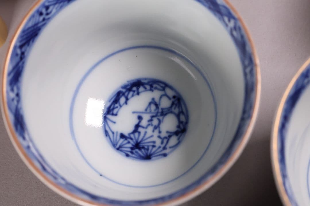 【CM125】古伊万里 扇面 色絵向付 五客 猪口 小鉢 扇面 草花 唐草 錦