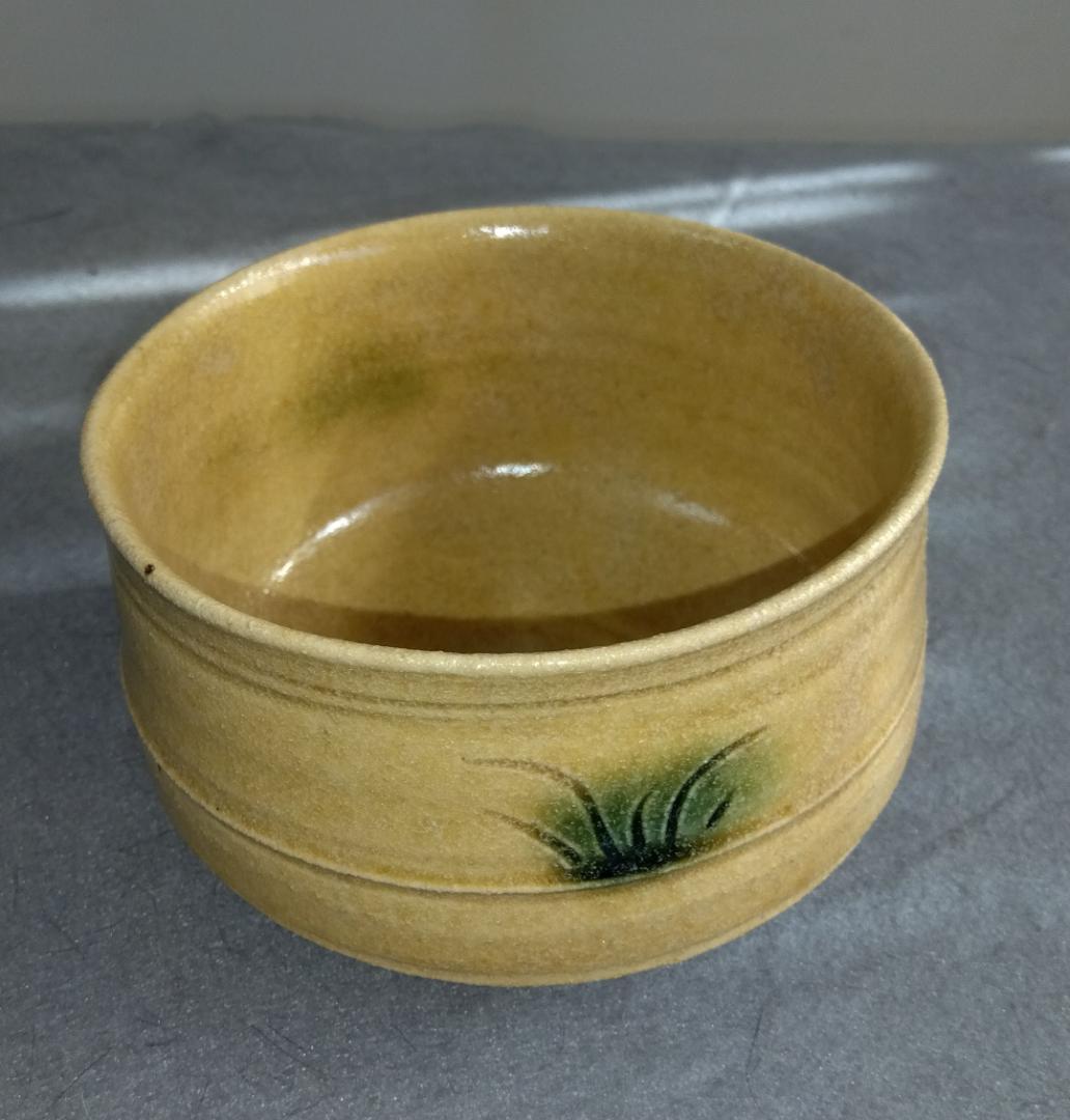 美濃焼の名工　大嶋久興 子の日窯:黄瀬戸「油揚げ手」希少美品「抜けタンパン」茶碗