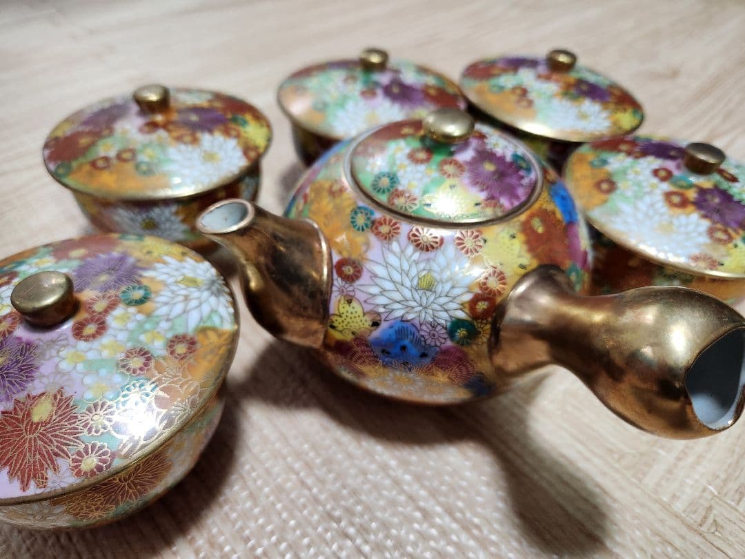 九谷焼 九谷光峰 花詰/菊詰 金彩 茶器揃 5客 湯呑茶碗/急須 食器