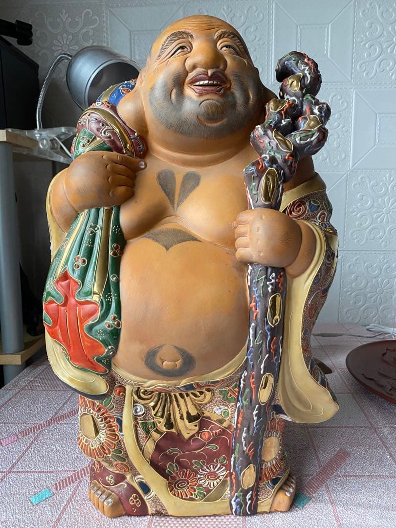 九谷焼 布袋尊 金彩 色絵 布袋像 特大約45cm 美品陶器製 骨董品七福神