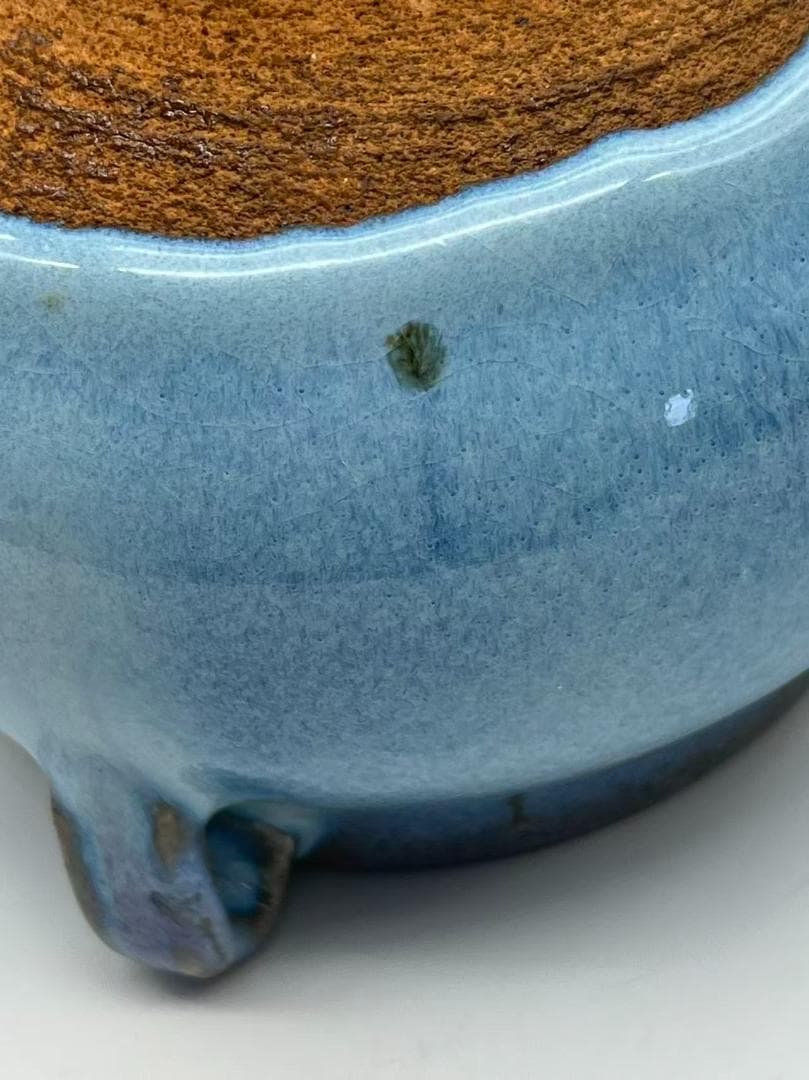 明时代 鈞窯青磁 澱青月白釉紫斑 双糸耳香炉 水丞 【旧家蔵出し】(A-106)