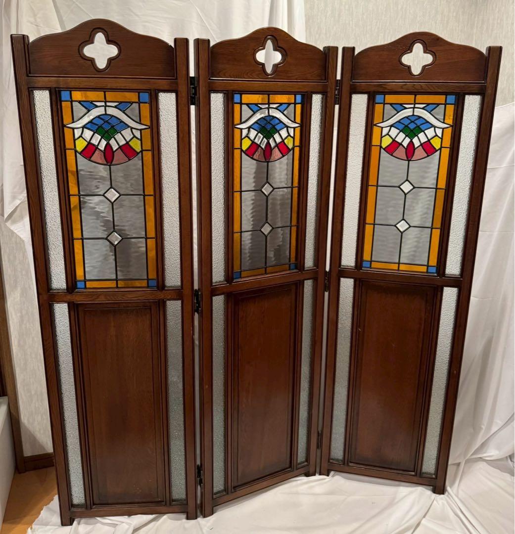 木製　ステンドグラス　パーテーション アンティーク　3連