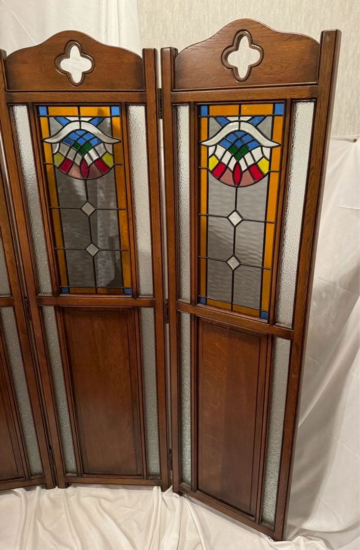 木製　ステンドグラス　パーテーション アンティーク　3連
