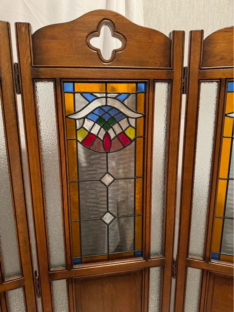 木製　ステンドグラス　パーテーション アンティーク　3連