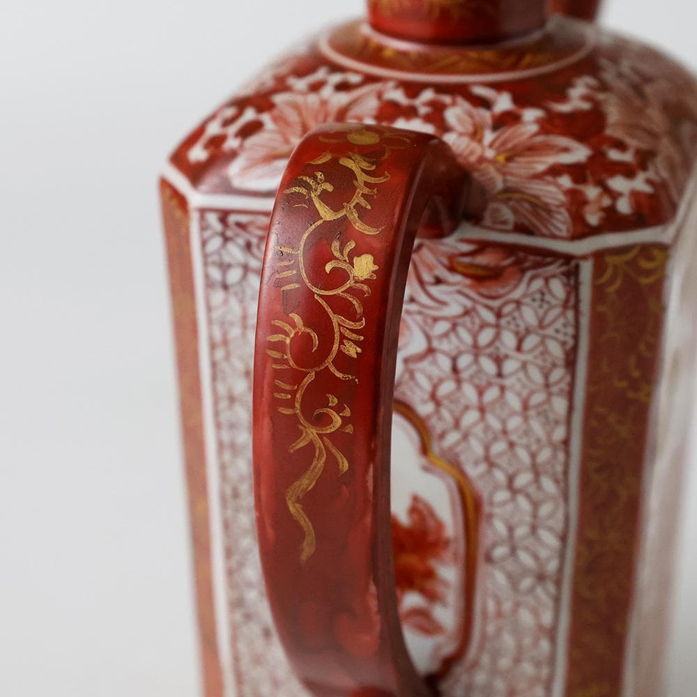 時代年代物 九谷焼 赤絵金彩 唐草 花鳥 楼閣図 水注