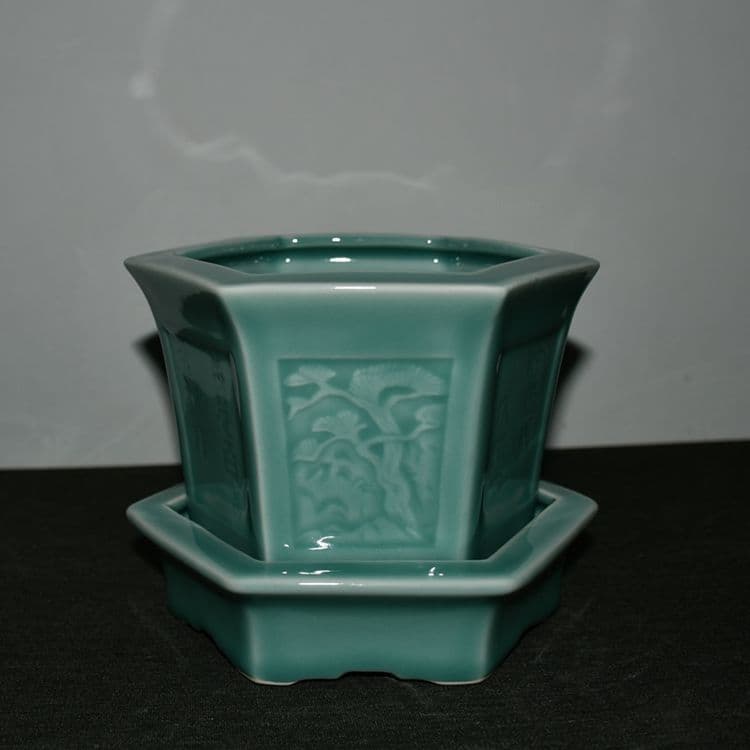 龍泉青磁六角鉢 盆栽鉢 青磁鉢 山野草鉢 多肉植物 植木鉢 小品大品盆栽鉢 置物