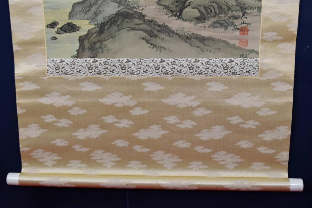 【真作】梶野玄山/春渓釣り人図/掛軸☆宝船☆AB-291